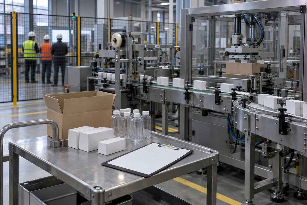 An integrated packaging line running during an acceptance test, with a clipboard and test samples on a cart in the foreground and engineers watching from behind a guard fence