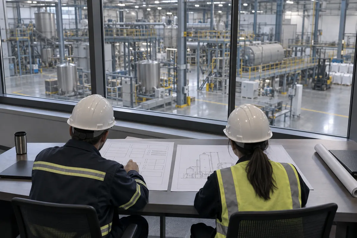 Two engineers seen from behind at a table reviewing a requirements document and a line drawing, with a plant floor beyond a window