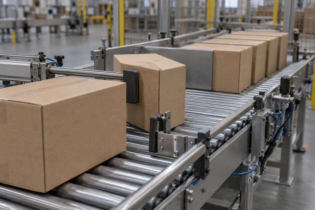 Close view of plain brown corrugated cases on a roller conveyor with a pneumatic diverter turning some of them sideways before the row-forming area