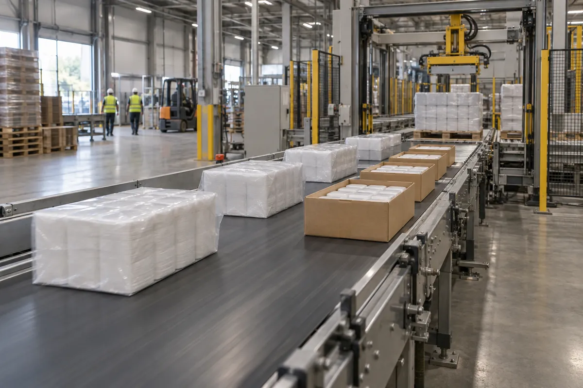 Shrink-wrapped bundles and open cardboard trays moving on a wide conveyor toward a palletizer infeed in a warehouse-style packing room