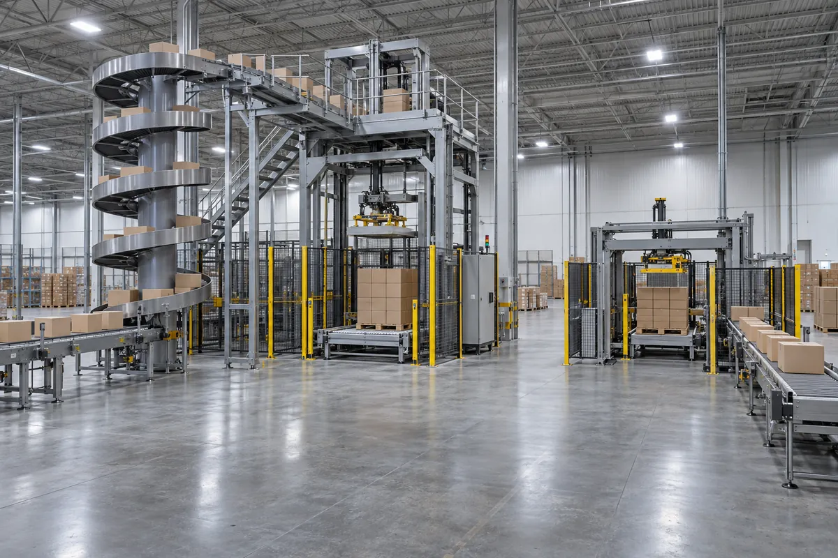 Side-by-side illustration style photo of a tall elevated-infeed palletizer and a floor-level infeed palletizer in the same plant, each with case conveyors