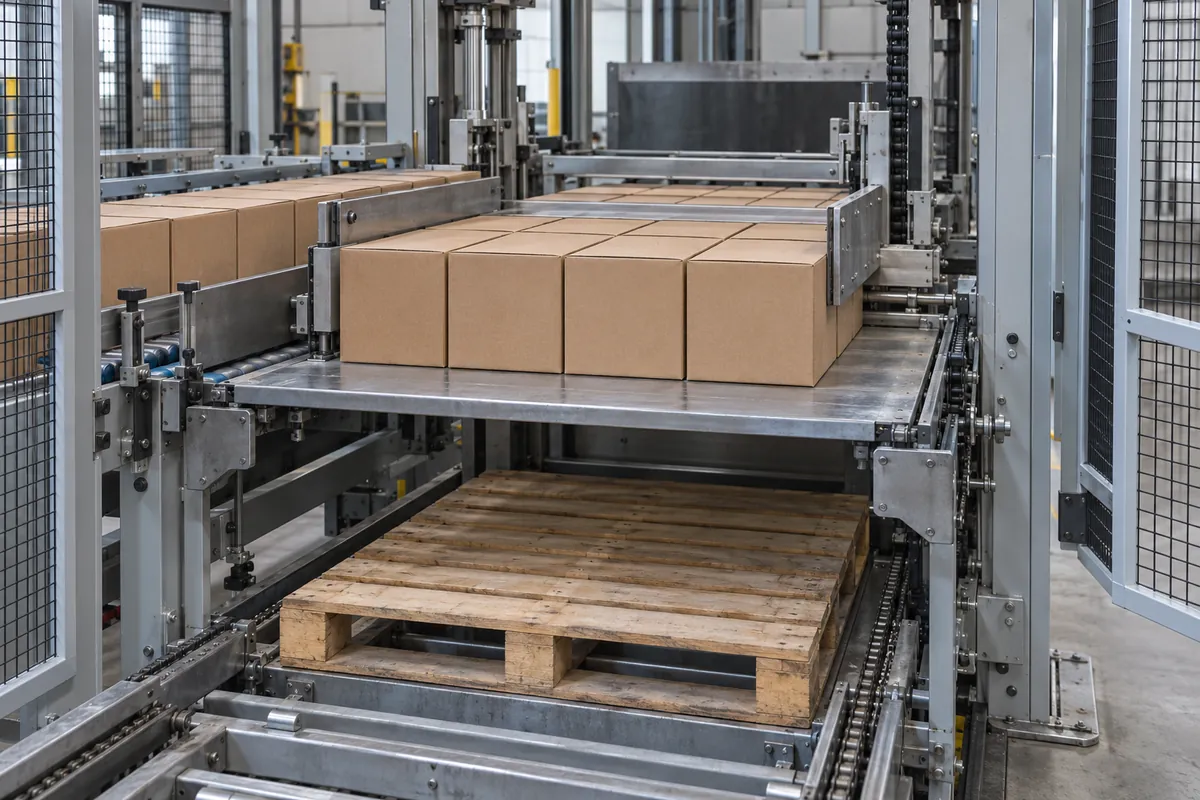 Cutaway-style view of a layer palletizer showing cases arriving in rows on a conveyor, being pushed together on a layer-forming table, and lowered onto a pallet