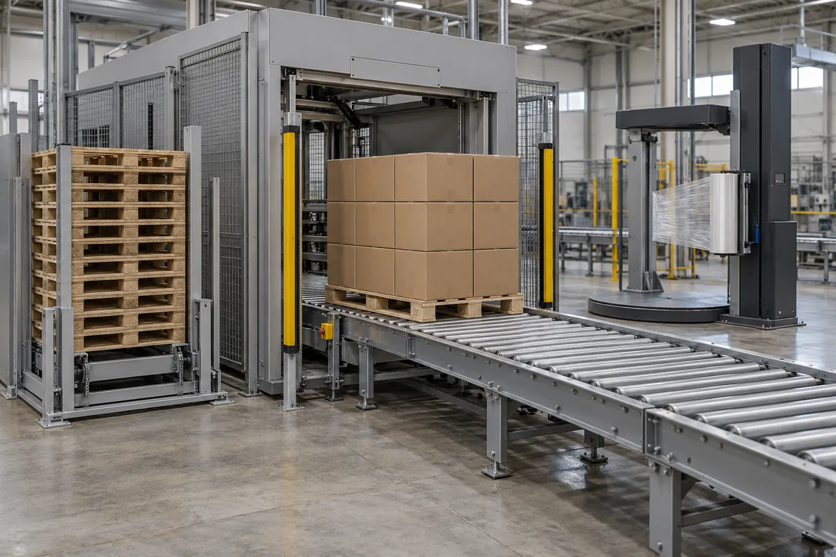 Finished pallet of plain brown cases leaving a conventional palletizer on a conveyor toward a stretch wrapper, with an empty pallet dispenser nearby