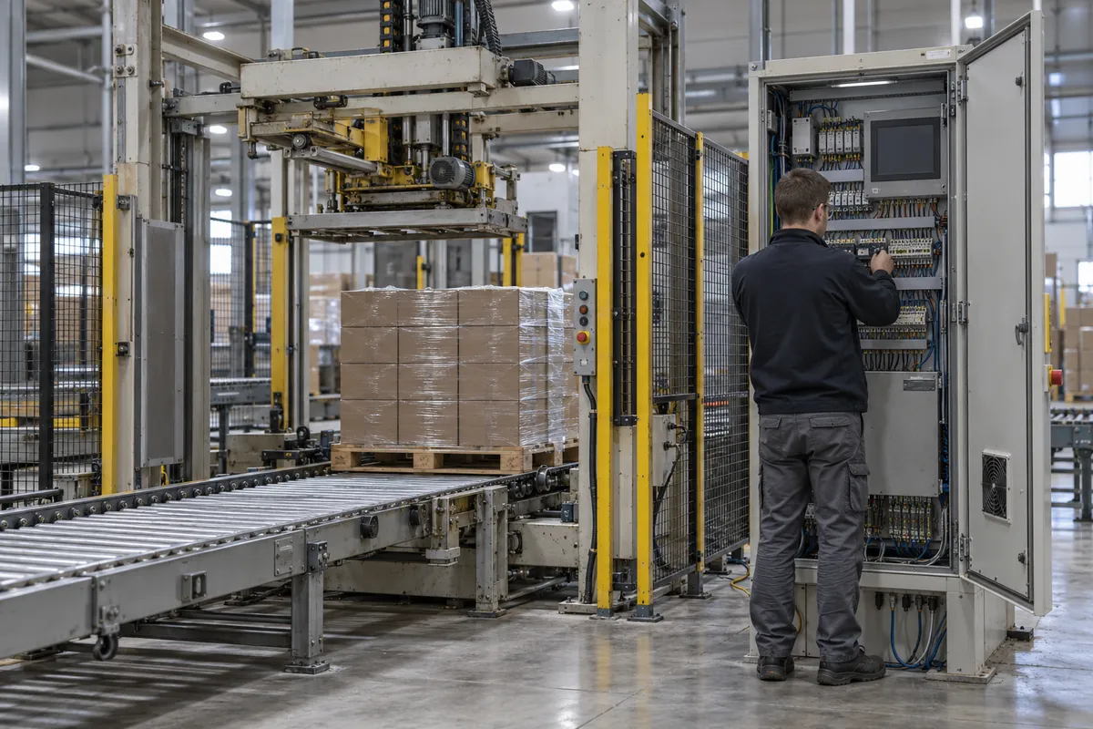 Illustrative view of a technician working inside an open control cabinet beside an older palletizer