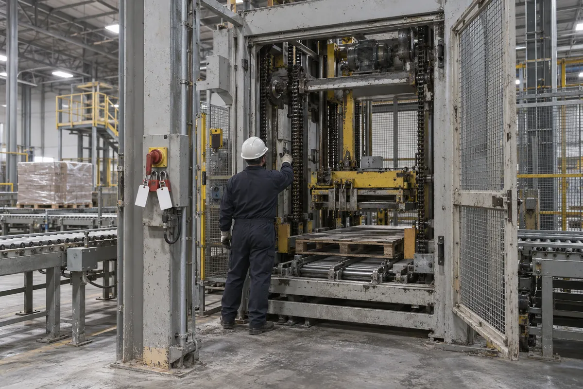 Illustrative view of a technician inspecting chains and the hoist area of an older palletizer with the guard open