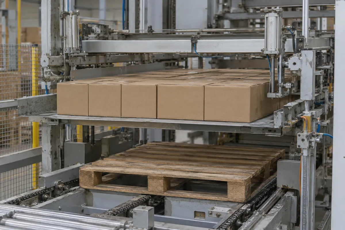 Illustrative close view of an older high-level palletizer forming a layer of plain brown cases above a pallet