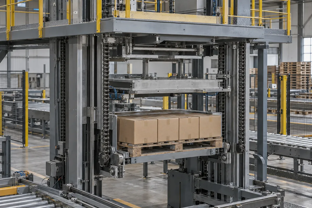 Side view of a pallet partly loaded with plain brown cartons riding a hoist that lowers it under the layer-forming plates, with a guarded maintenance platform above