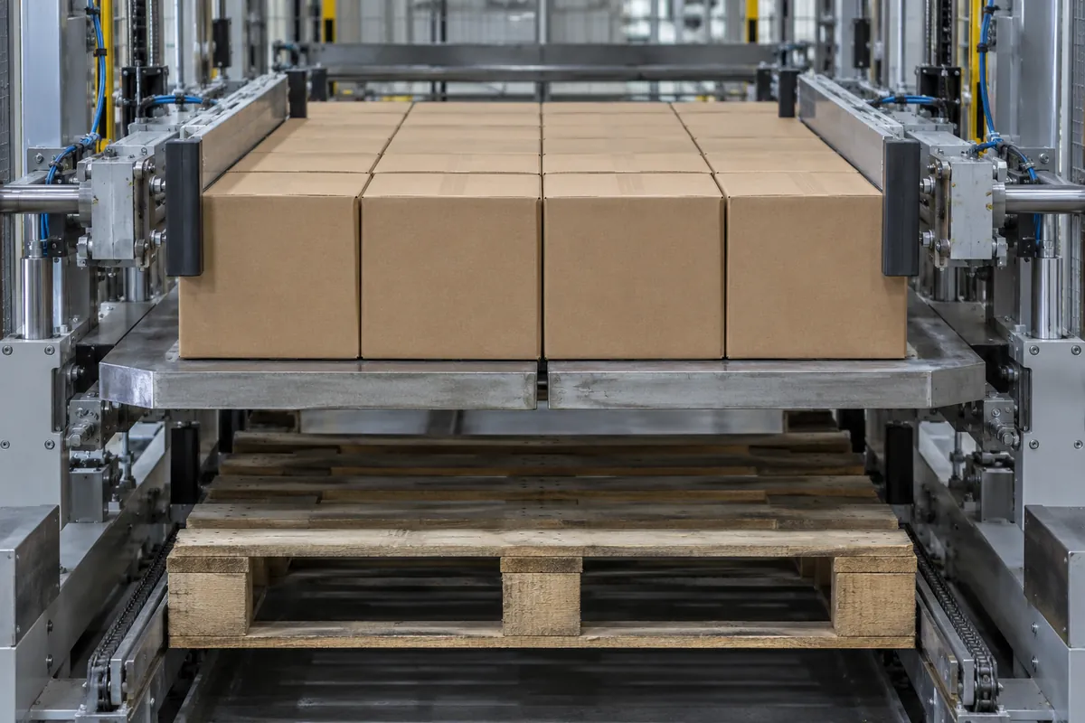 Close view of a completed layer of plain brown cartons resting on split stripper plates above an empty pallet, with squaring bars on each side