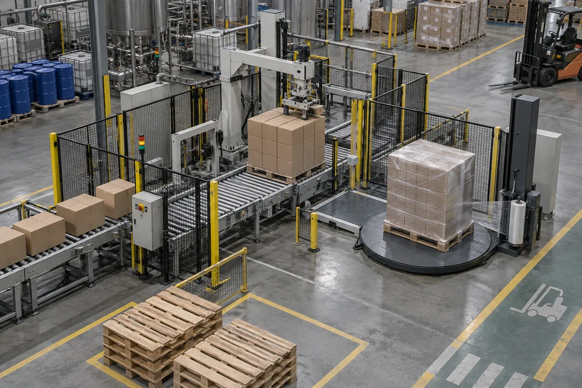 High-angle view of a compact end-of-line area with a low level palletizer, pallet conveyor, stretch wrapper, pallet staging and a forklift lane
