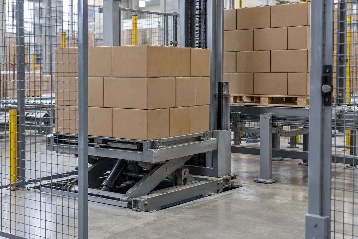 Close view of a completed layer of plain brown cartons on a lifting platform at floor level, being raised toward a pallet that already holds several layers