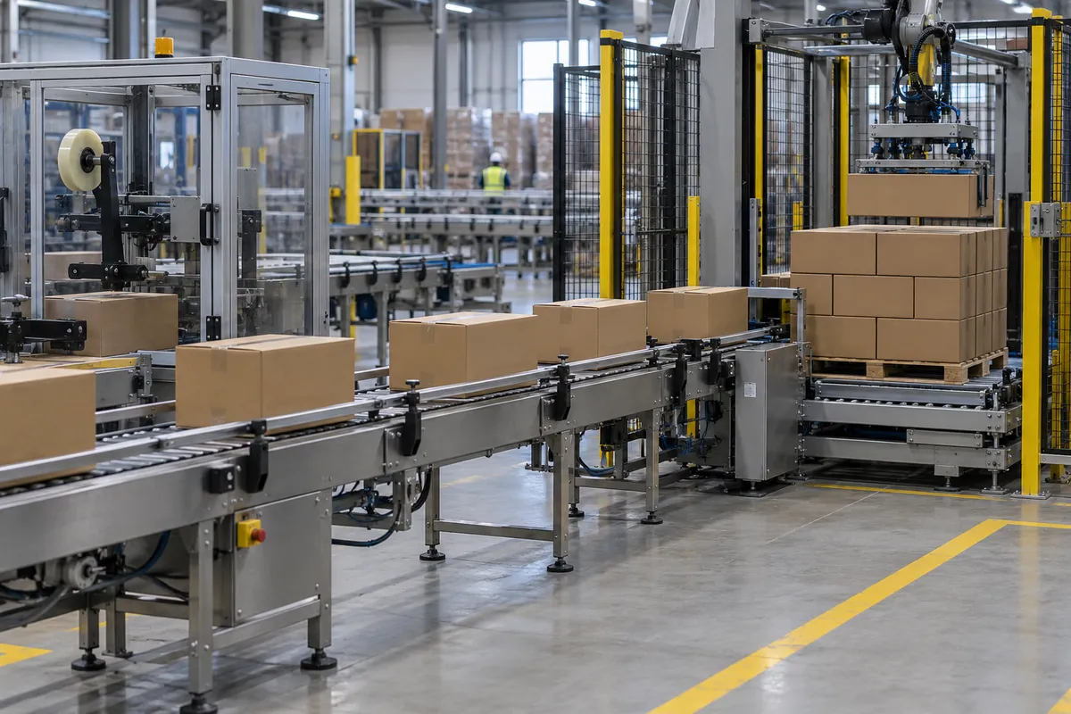 Case sealer discharge conveyor at waist height feeding plain brown cartons directly into the infeed of a low level palletizer in the same plant bay