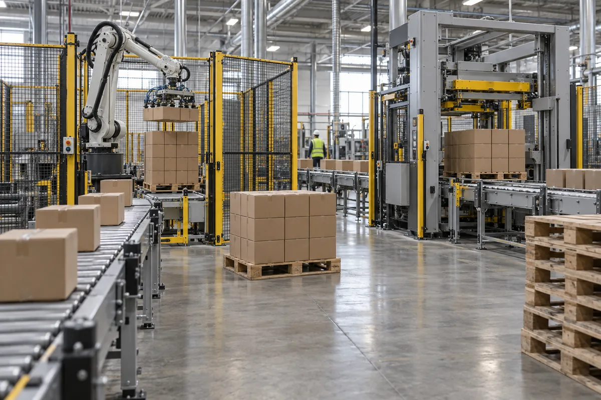 Floor-level view of a robotic palletizing cell on the left and a conventional layer palletizer on the right, both fed by case conveyors in a bright plant