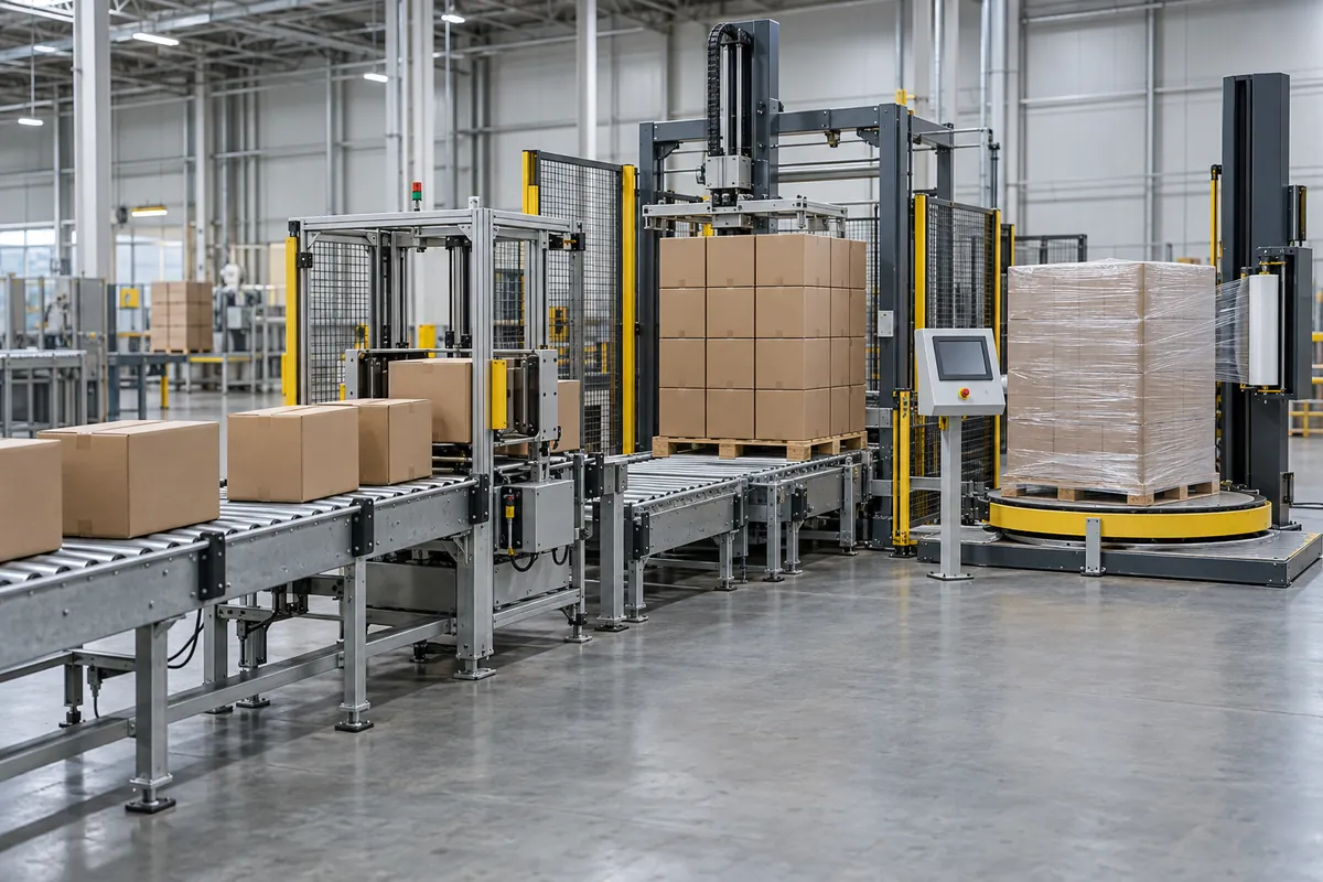 Side view of a packaging line showing a case conveyor, a turning station, a palletizing cell, a pallet conveyor, and a stretch wrapper in sequence