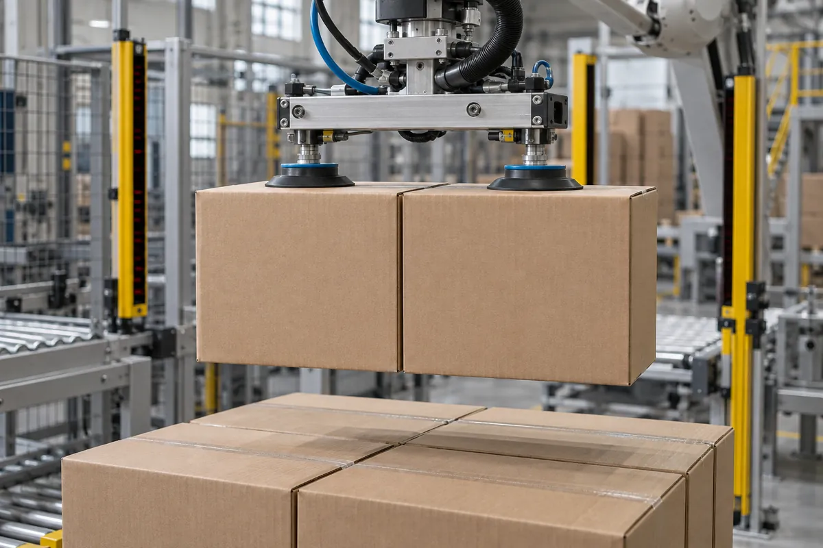 Close view of a vacuum end-of-arm tool lifting two plain brown corrugated cases above a partially built pallet load, with light curtain posts in the background