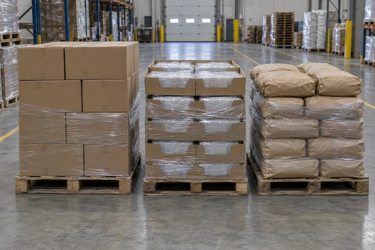 Three finished pallet loads side by side: one of plain brown cases, one of stacked open-top trays, and one of sacks, in a warehouse staging area
