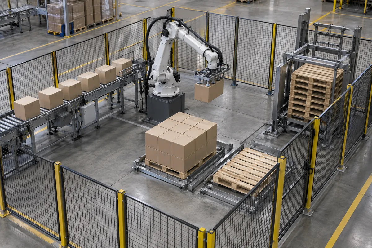 Overhead view of a robotic palletizing cell with an infeed conveyor, a six-axis robot, two pallet positions, an empty pallet dispenser, and perimeter guarding